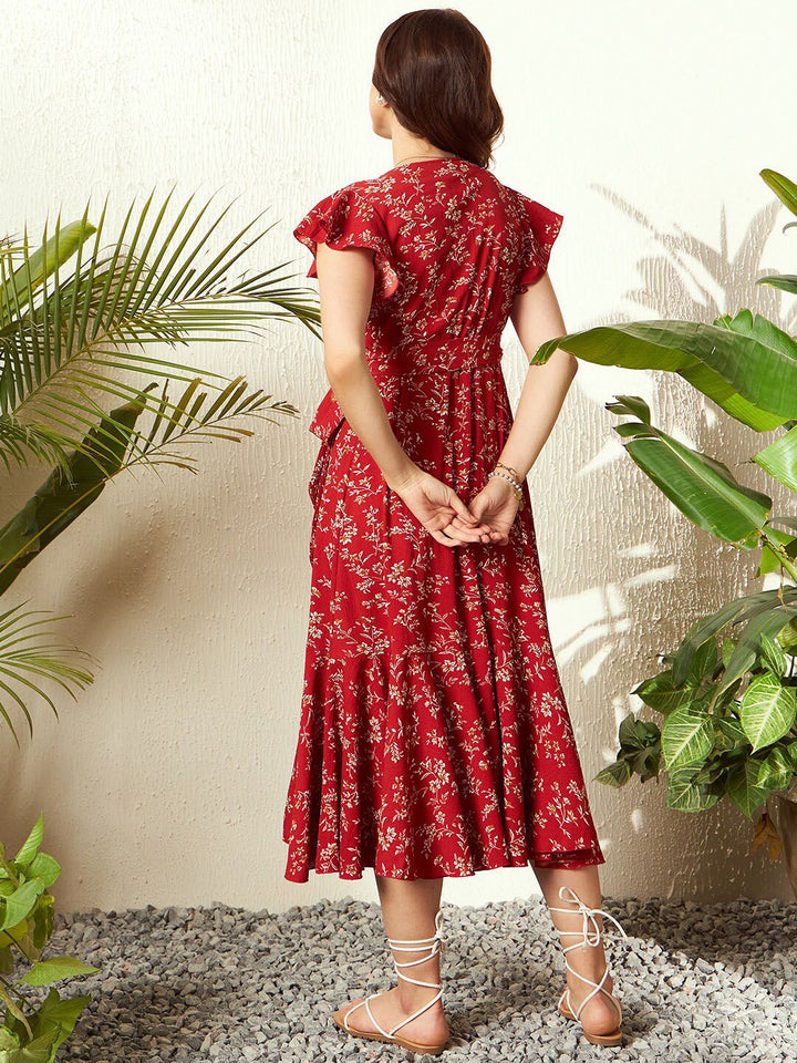 Berrylush Floral Printed V-Neck Flutter Sleeves Tie-Ups Midi Wrap Dress