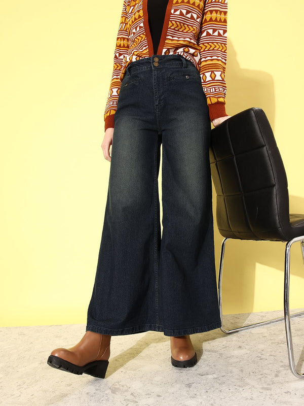 DressBerry Women Electric Blue We May Party Wide Leg Light Fade Stretchable Jeans