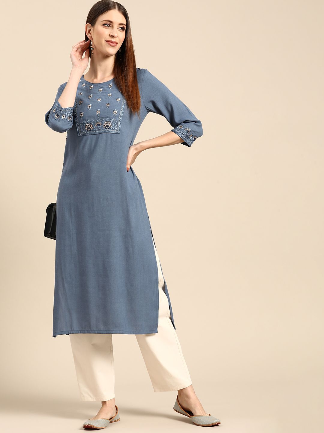 Anouk Women Blue Ethnic Motifs Yoke Design Kurta