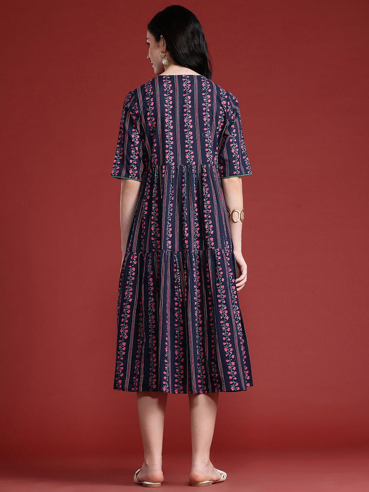 Anouk Floral Print Pleated Pure Cotton Tiered Ethnic Dress