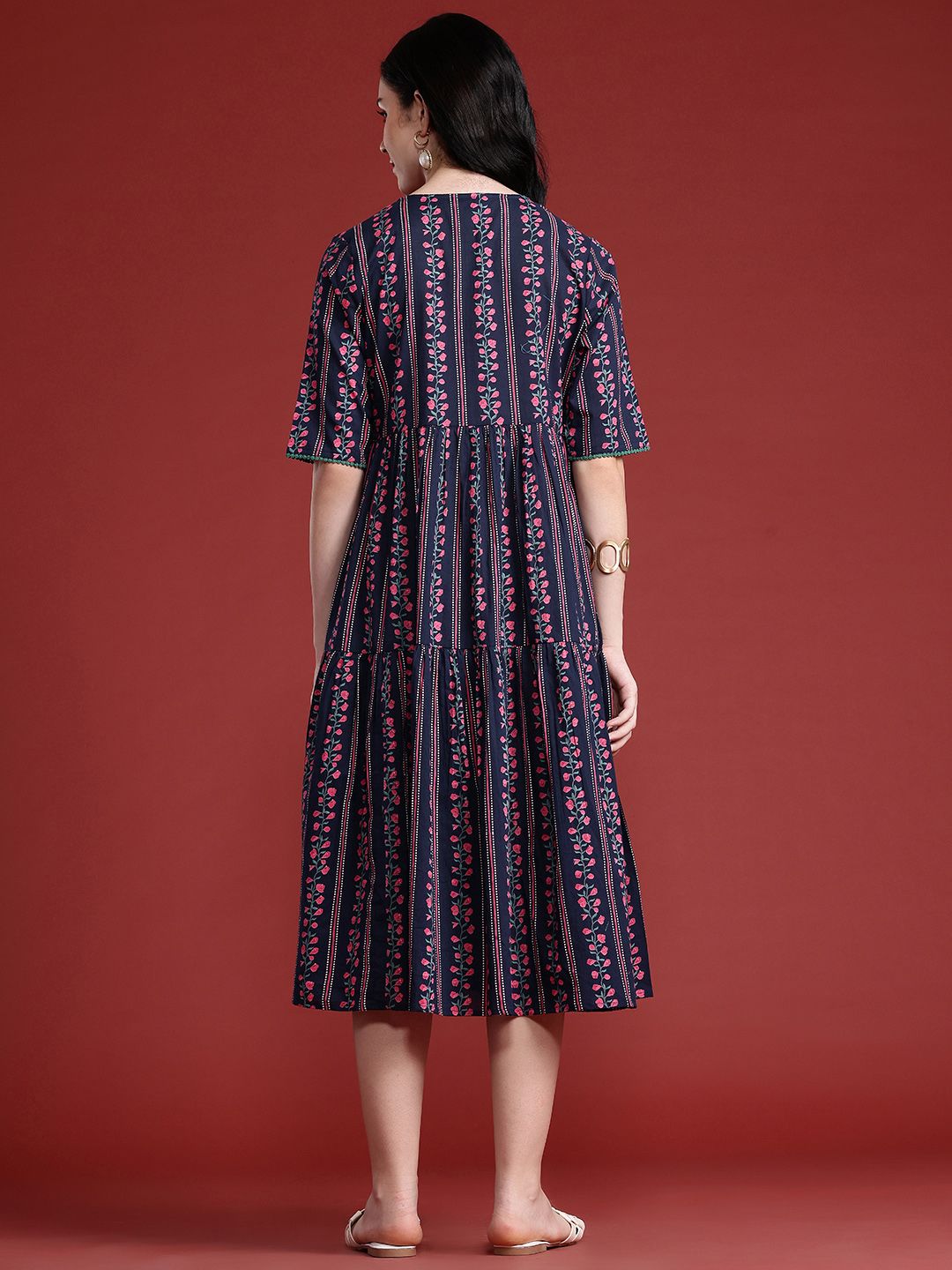 Anouk Floral Print Pleated Pure Cotton Tiered Ethnic Dress