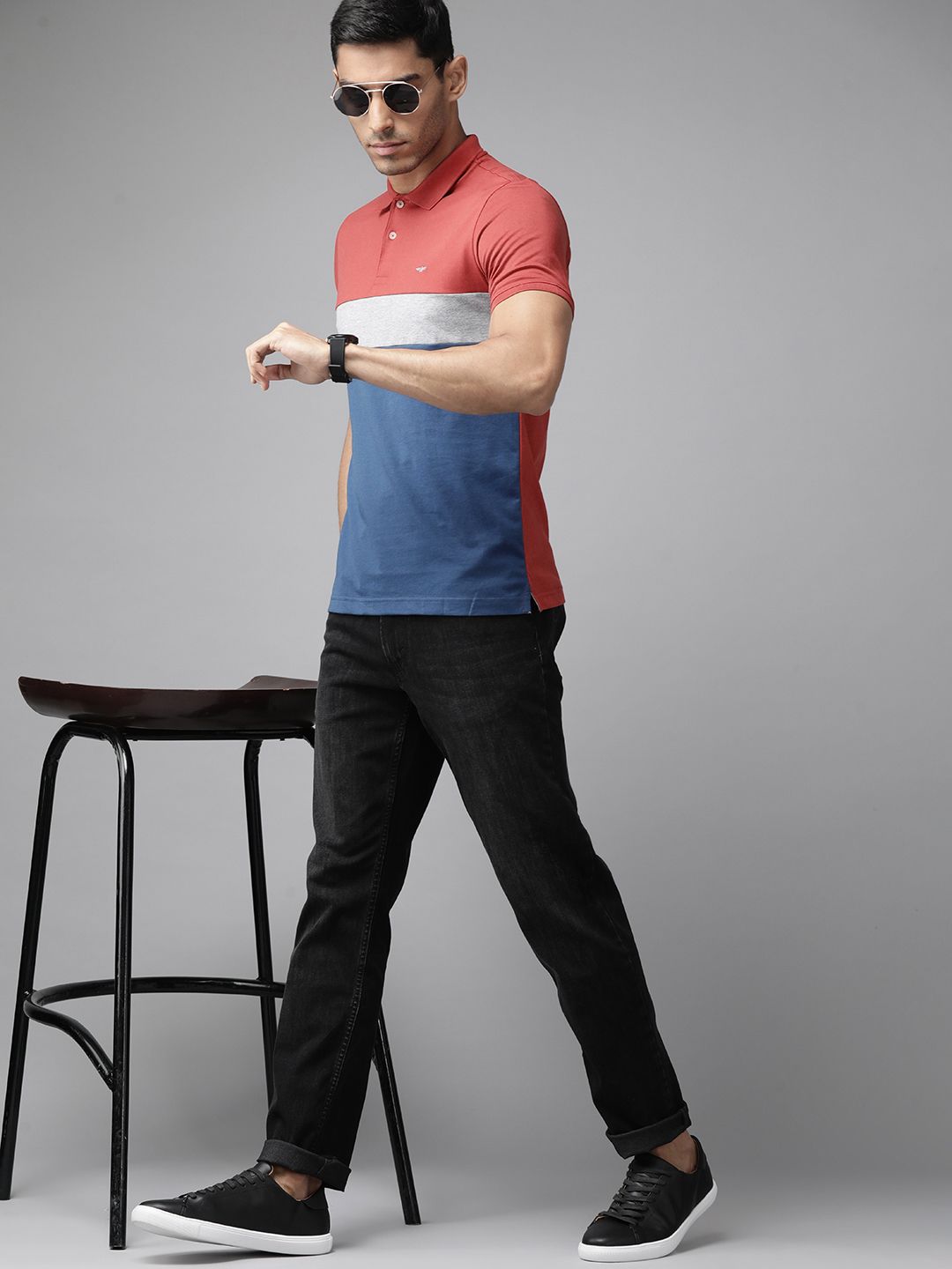 Park Avenue Men Red & Blue Colourblocked Polo Collar Slim Fit T-shirt