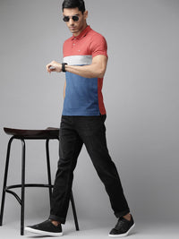 Park Avenue Men Red & Blue Colourblocked Polo Collar Slim Fit T-shirt