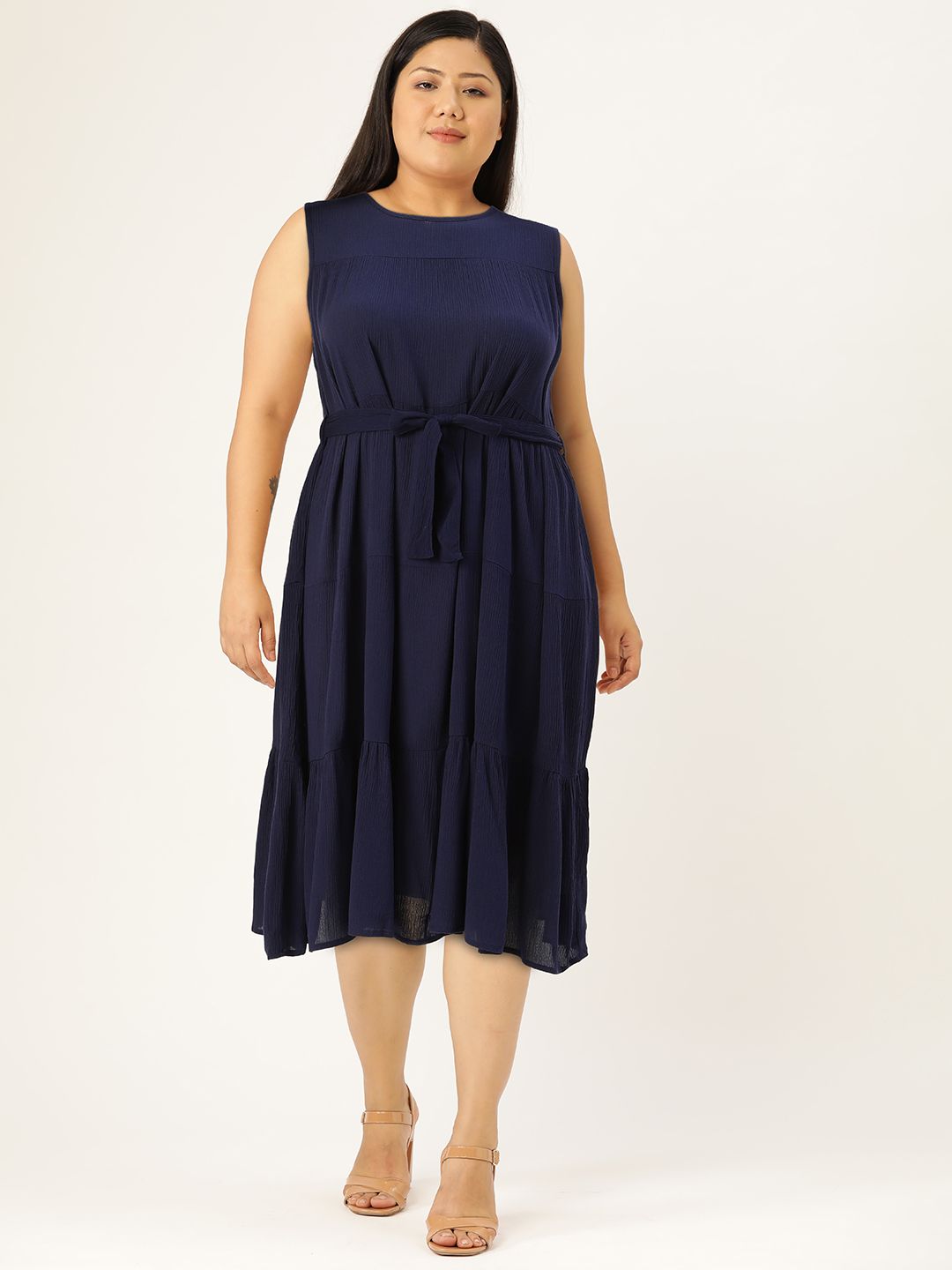 DressBerry Women Navy Blue Solid Tiered A-Line Dress