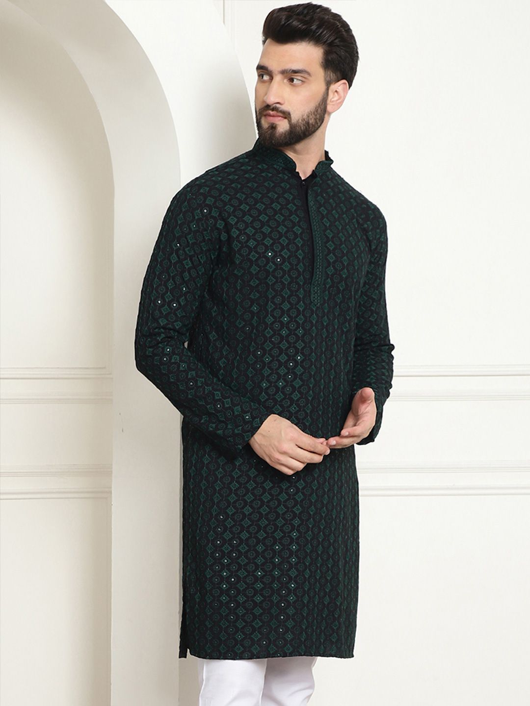 SOJANYA Ethnic Motifs Embroidered Mandarin Collar Sequined Pure Cotton Straight Kurta