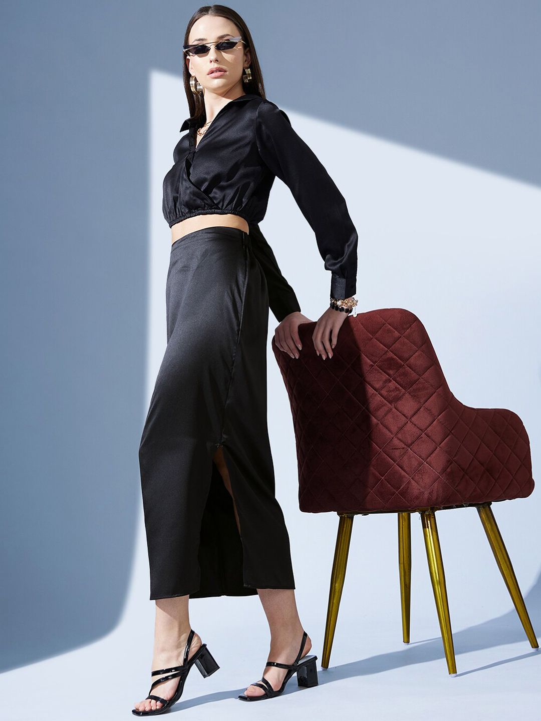 STREET 9 Black Straight Side Slit Midi Skirt