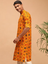 VASTRAMAY Men Yellow & Yellow Ethnic Motifs Cotton Printed Kurta