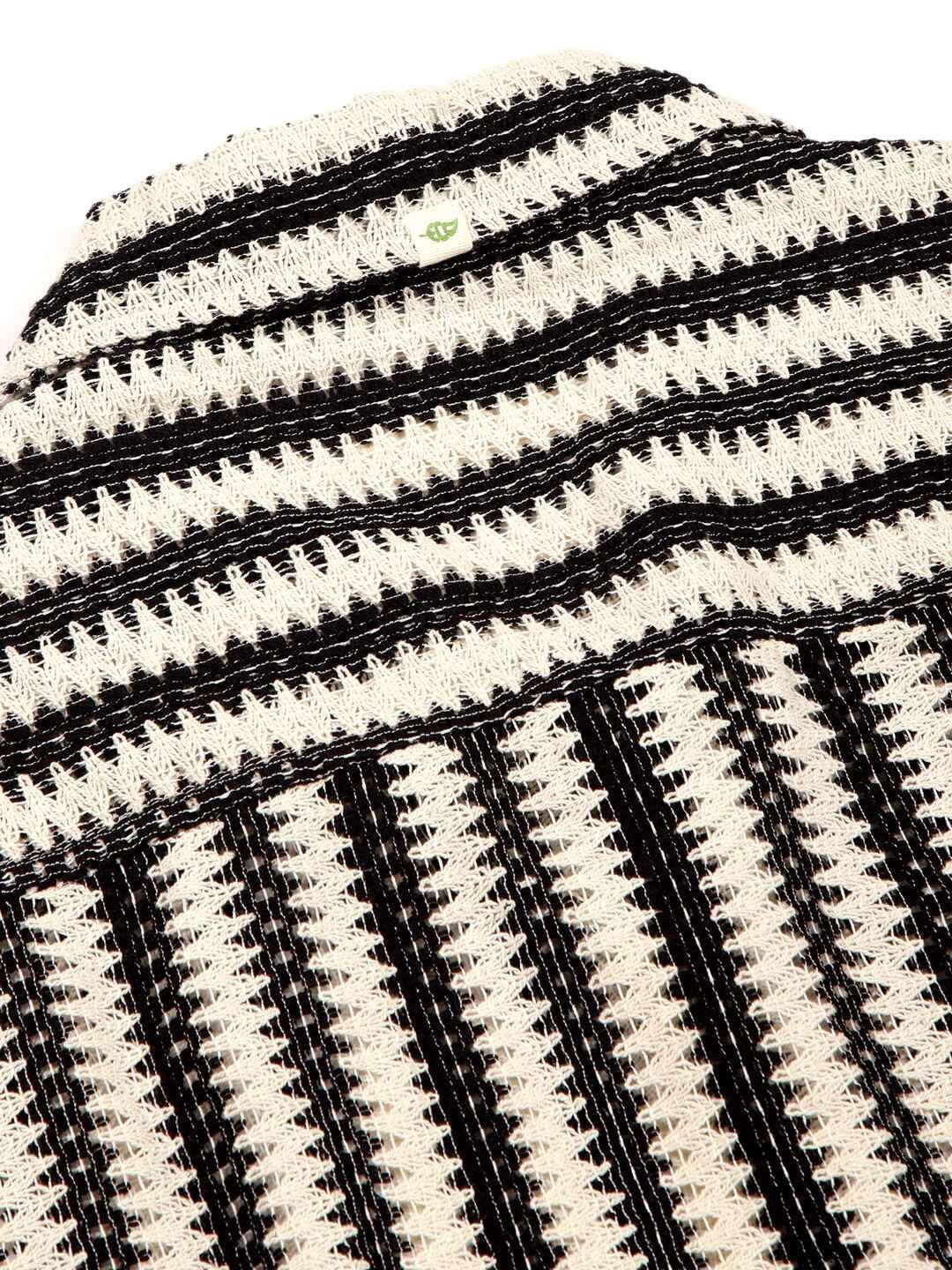 Thomas Scott Men Vertical Stripes Self Design Regular Fit Semi-Sheer Casual Crochet Shirt