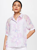 AND Print Semi-Sheer Cuffed Sleeves Shirt Style Top