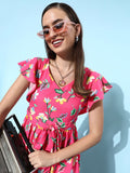 DressBerry Women Pink & Green Tropical Printed V-Neck Midi Dress With A Belt