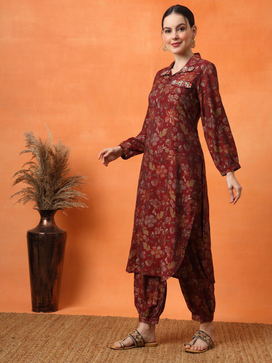 Anouk Floral Bulat Bulat Biasa Kerja Kurta dengan Seluar