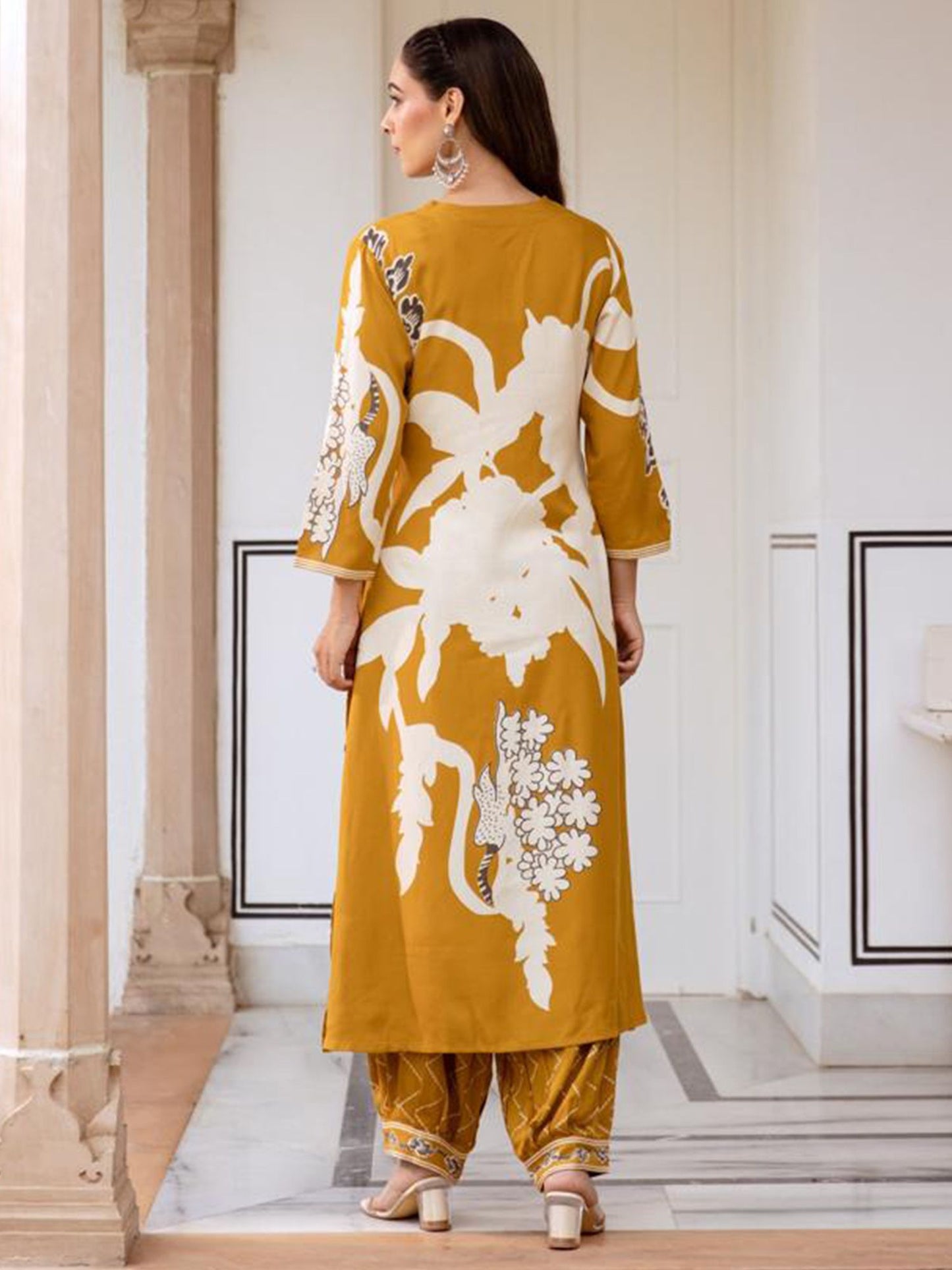 Indo Era Floral Printed V-Neck A-Line Kurta With Salwar