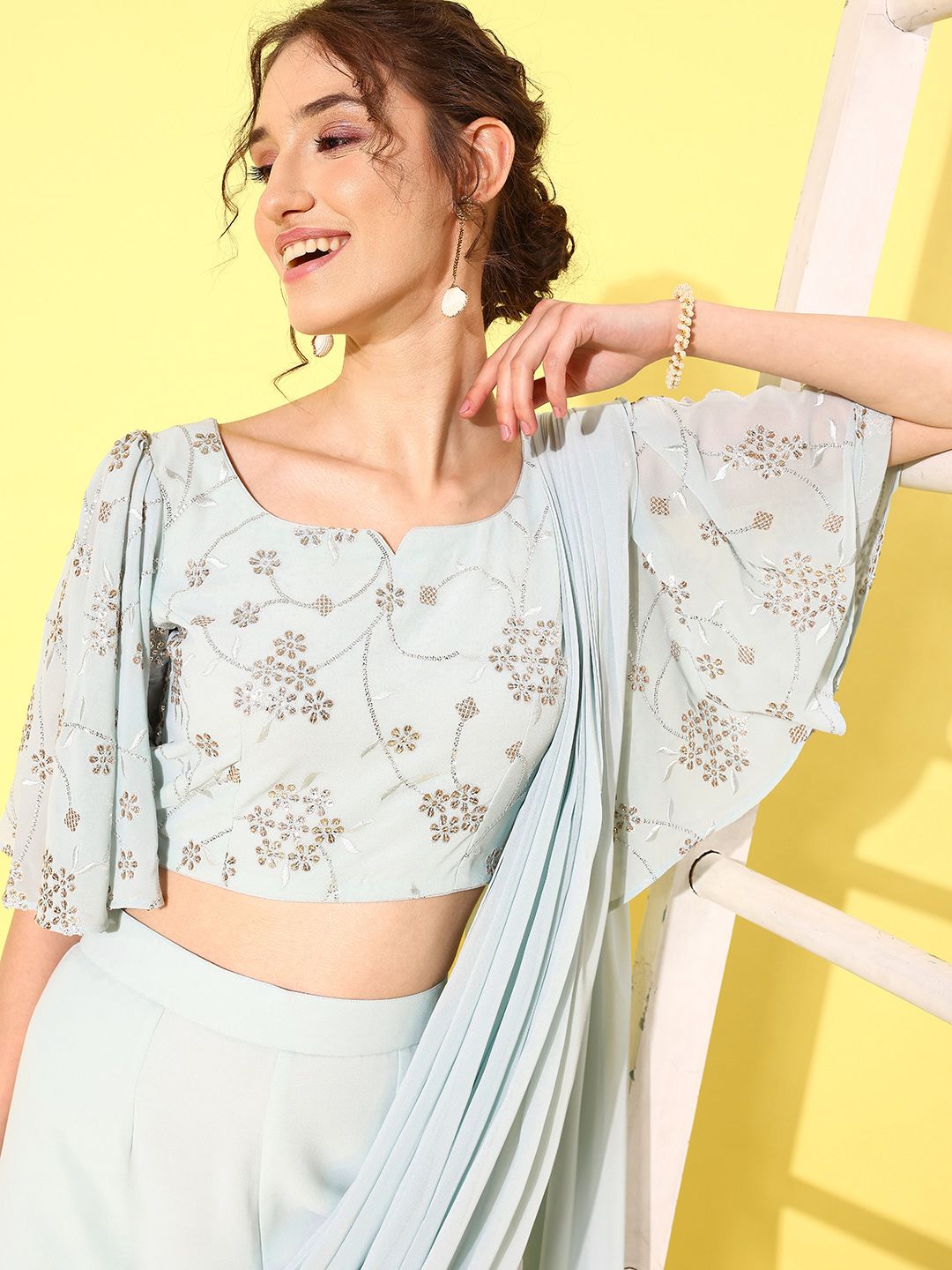 Libas Floral Embroidered Pure Georgette Palazzo Saree