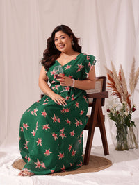 CURVY STREET Plus Size Floral Printed Flutter Sleeve Fit & Flare Maxi Dress