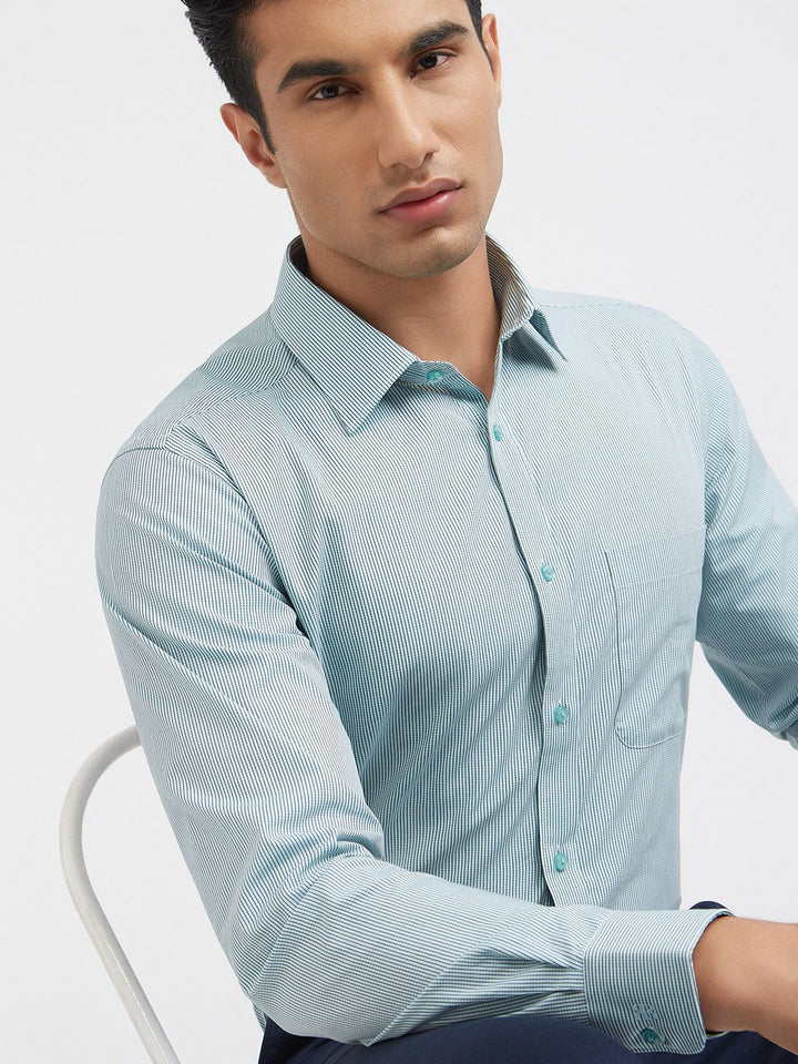 Raymond Men Green And White Slim Fit Micro Checked Pure Cotton Formal Shirt