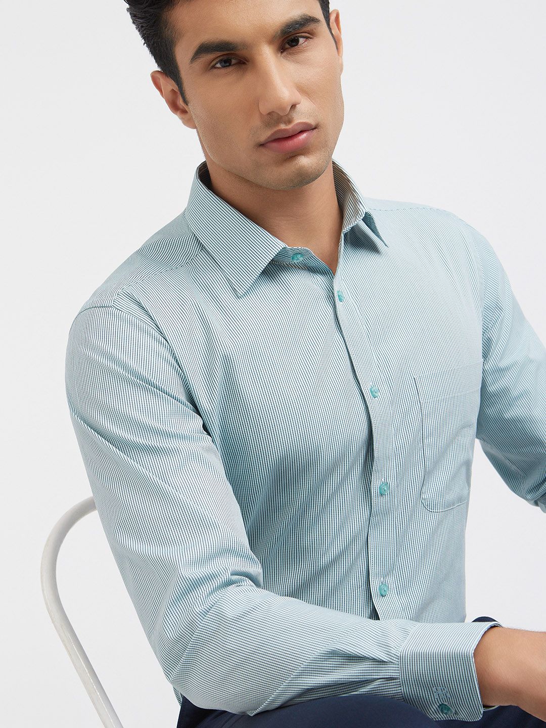 Raymond Men Green And White Slim Fit Micro Checked Pure Cotton Formal Shirt