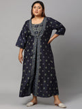 W Blue & Green Floral Embroidered Ethnic Maxi Dress