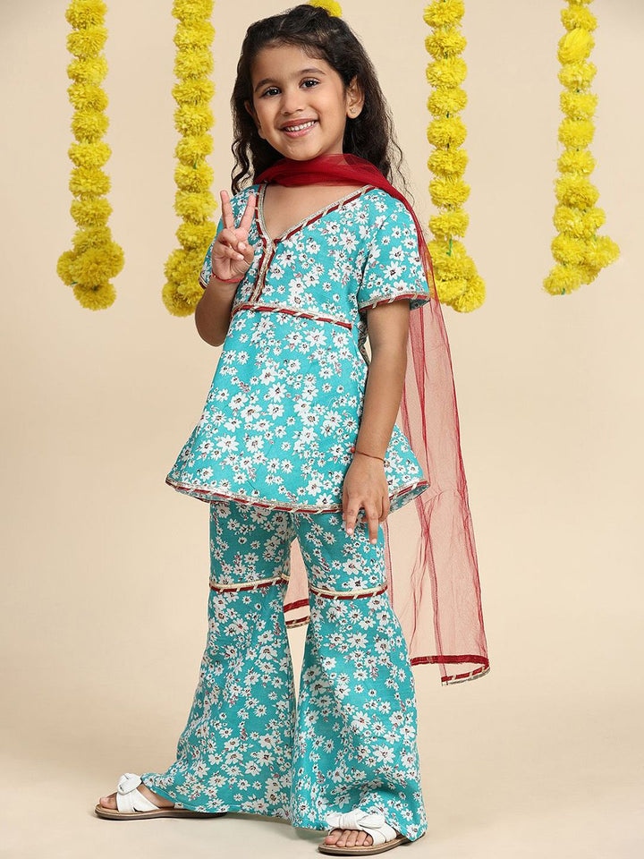 Cutiekins Girls Floral Printed Gotta Patti Kurti With Sharara & Dupatta