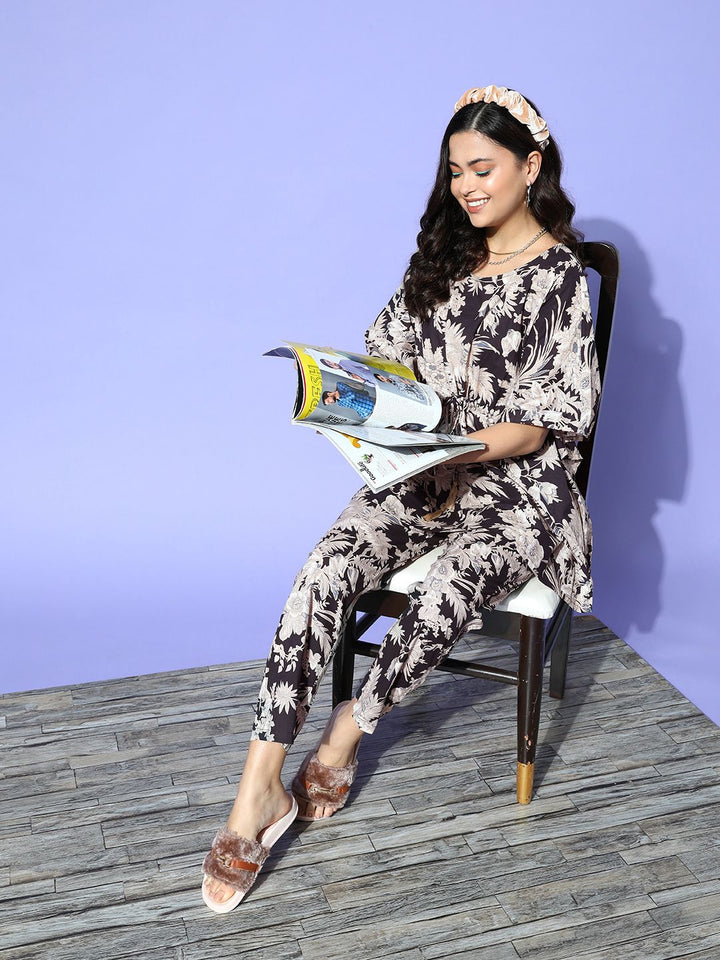 SANSKRUTIHOMES Women Black Floral Printed Night suit