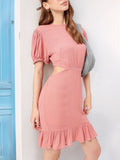 Edgy Cute Touch Puff Sleeves Cut-Outs Styled Back Sheath Mini Dress