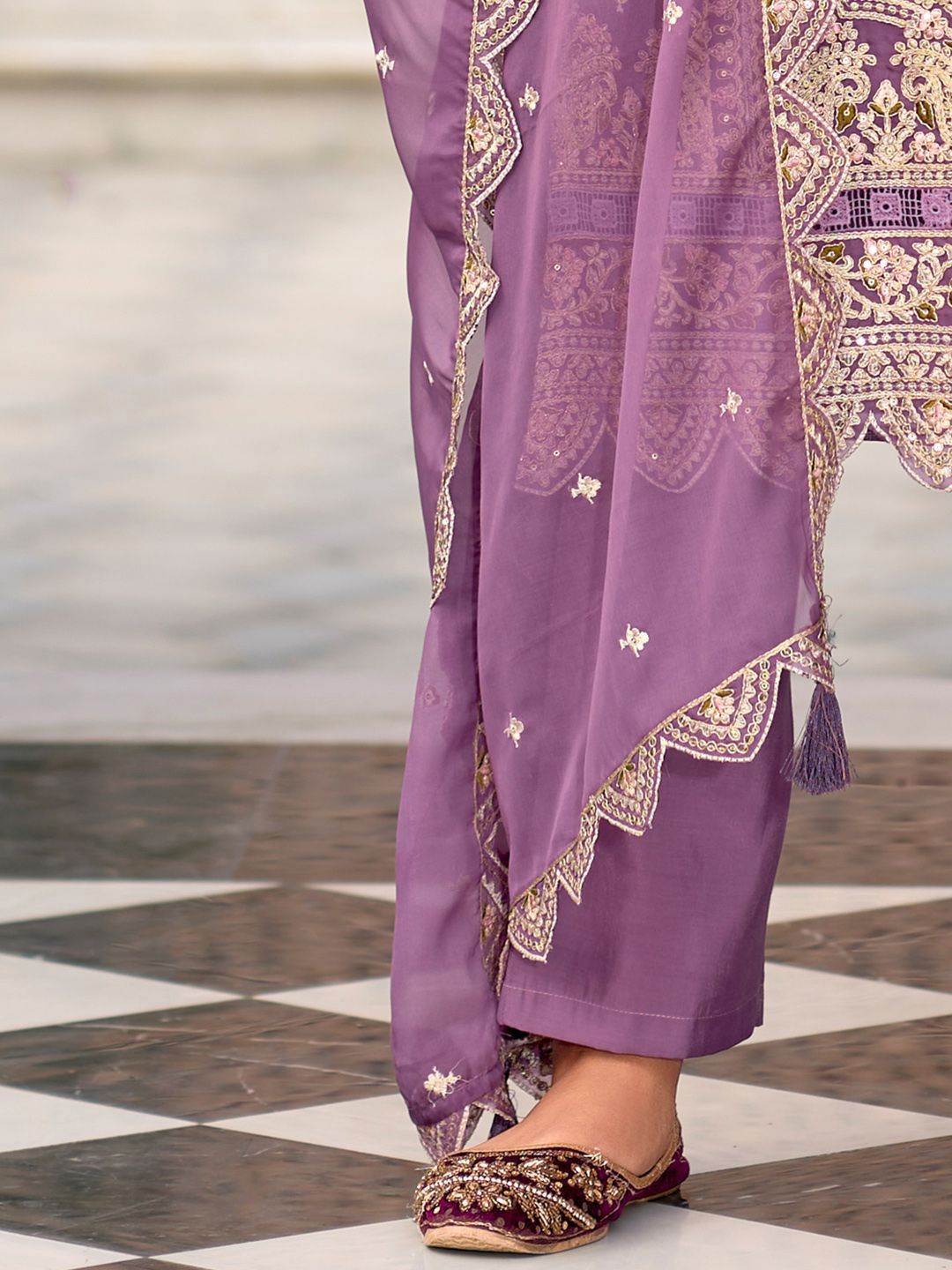 Indo Era Ethnic Motifs Embroidered Zari Organza Kurta With Trousers And Dupatta