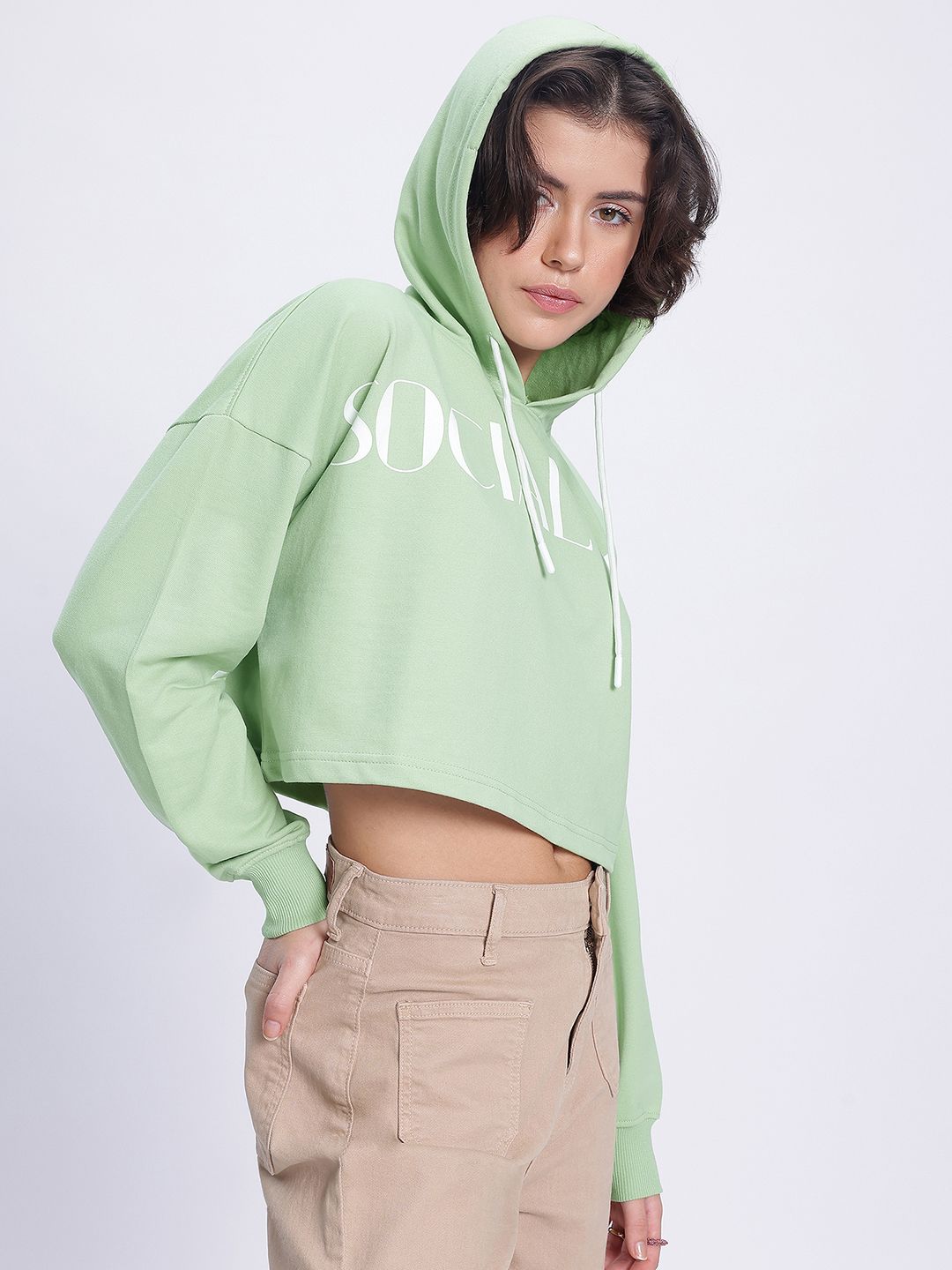 DressBerry Printed Hooded Boxy Crop Sweatshirt