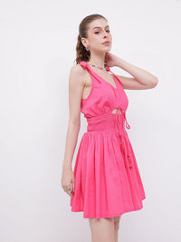 DressBerry Pinktastic Smocked Cut-Out Cinched Waist A-Line Mini Dress