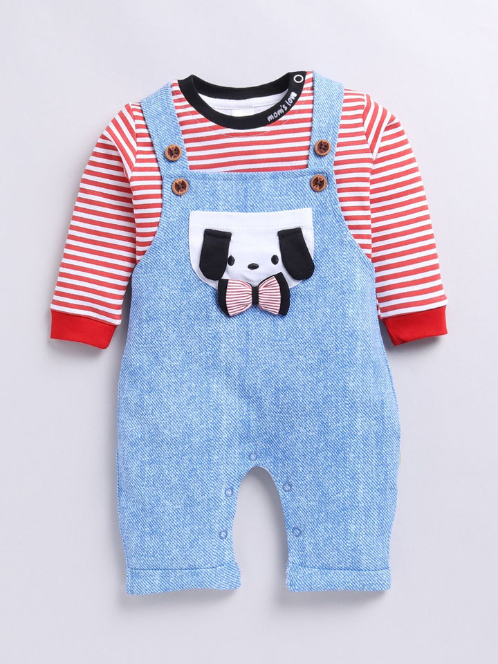 Moms Love Infant Boys Pure Cotton Dungaree With Striped T-shirt