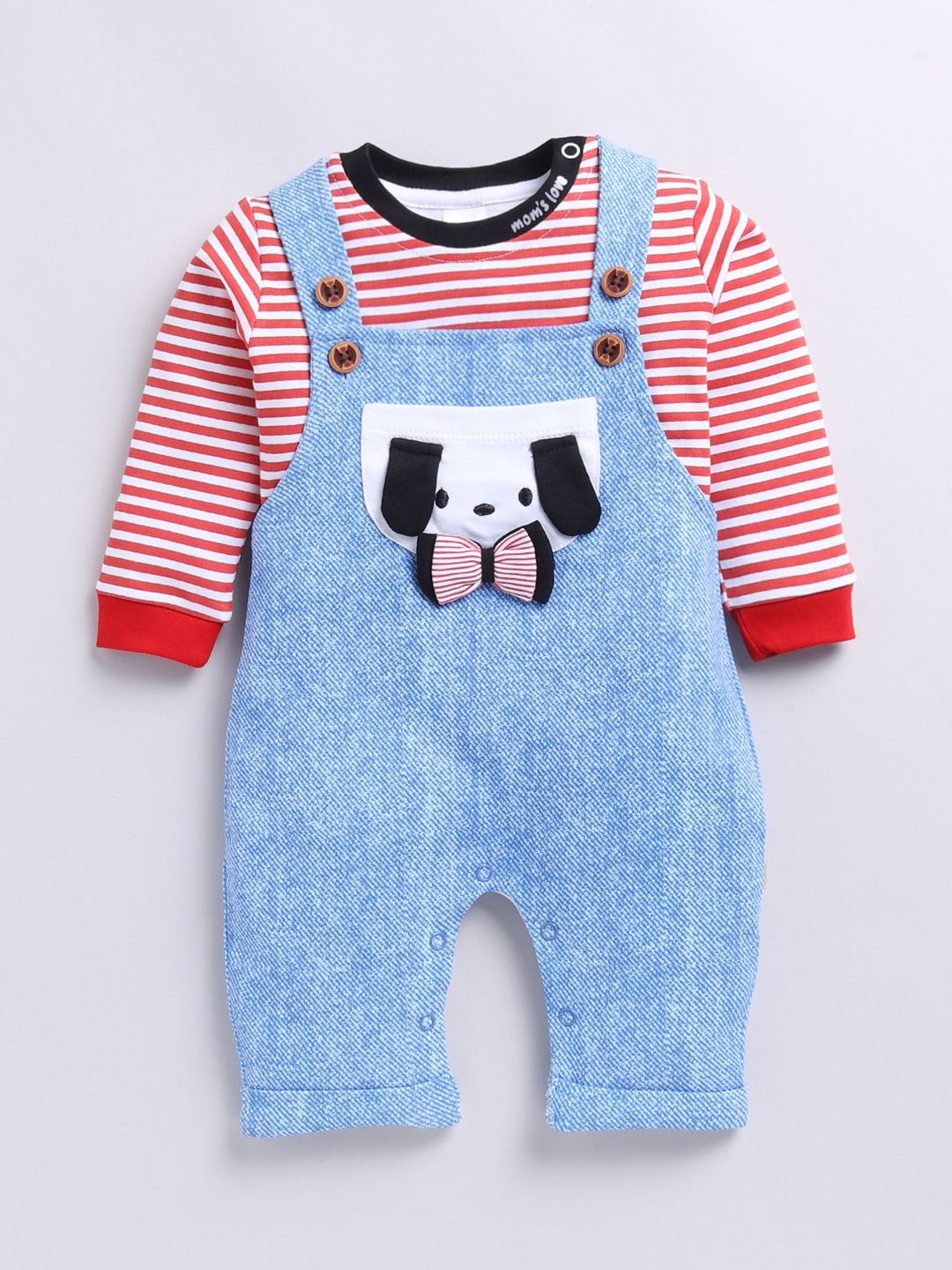 Moms Love Infant Boys Pure Cotton Dungaree With Striped T-shirt