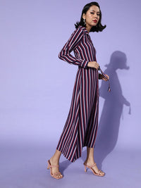 DressBerry Women Navy Blue & Maroon Striped A-Line Midi Dress