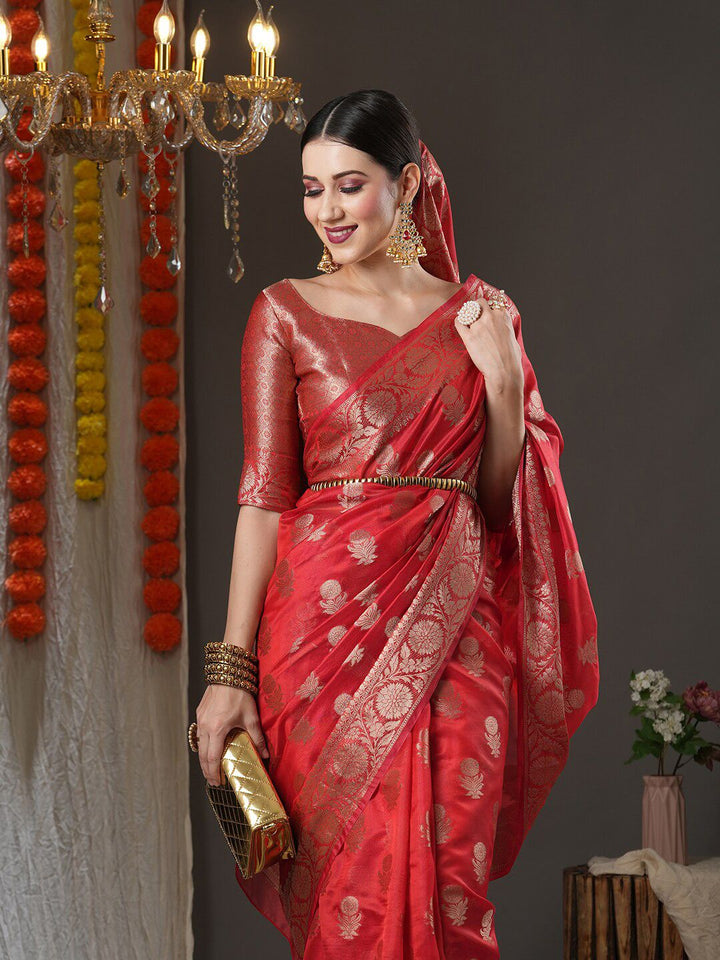 Saree mall Red & Gold-Toned Woven Design Organza Bagh Sarees
