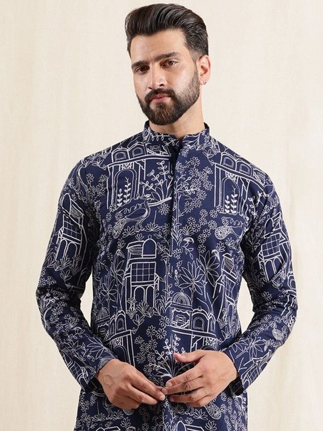 SOJANYA Lelaki Motif Etnik Bercetak Kurta Lurus Perayaan