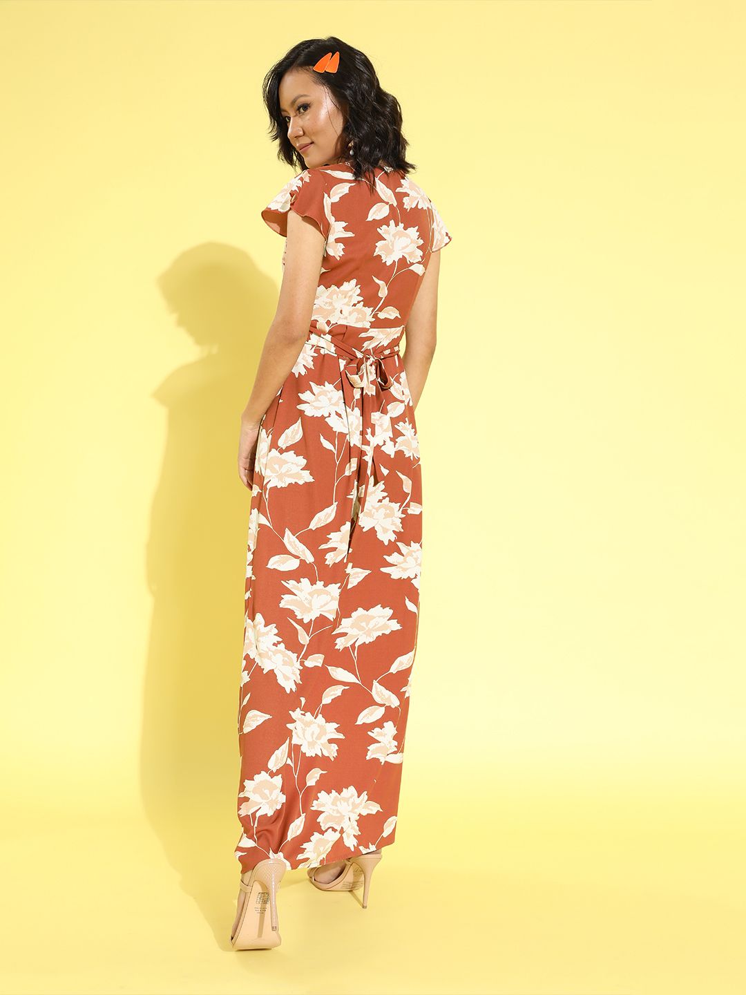 Berrylush Brown Floral Romantic Wrap Dress