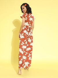 Berrylush Brown Floral Romantic Wrap Dress