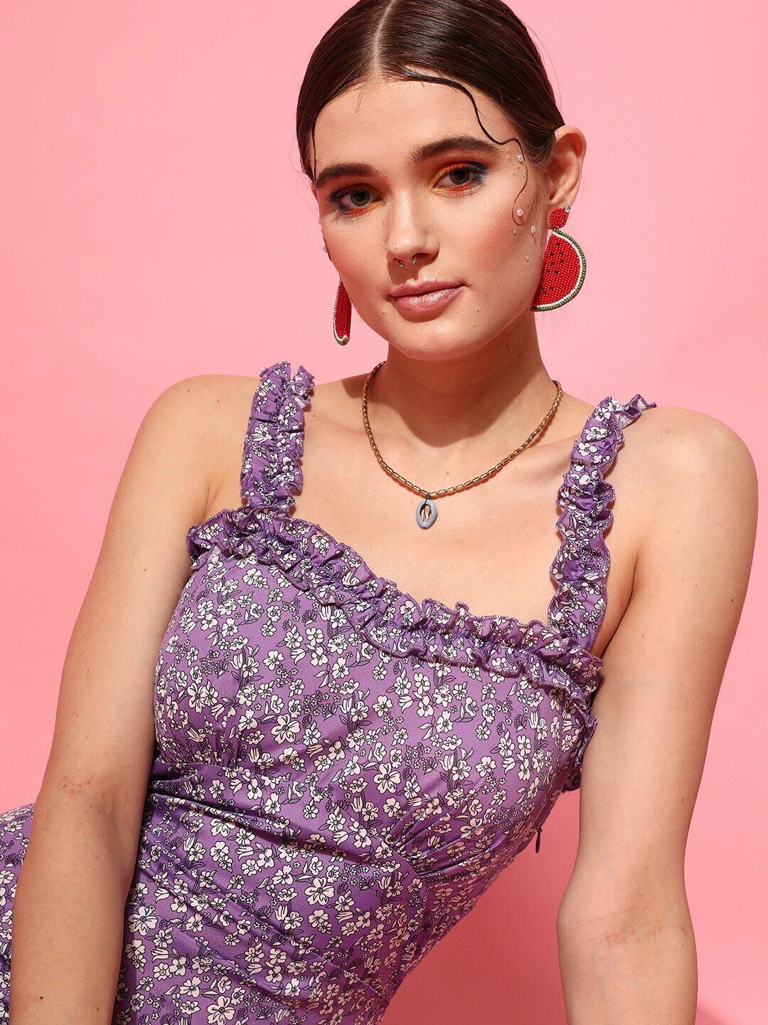 STREET 9 Lavender Floral Crepe Pure Cotton Midi Dress