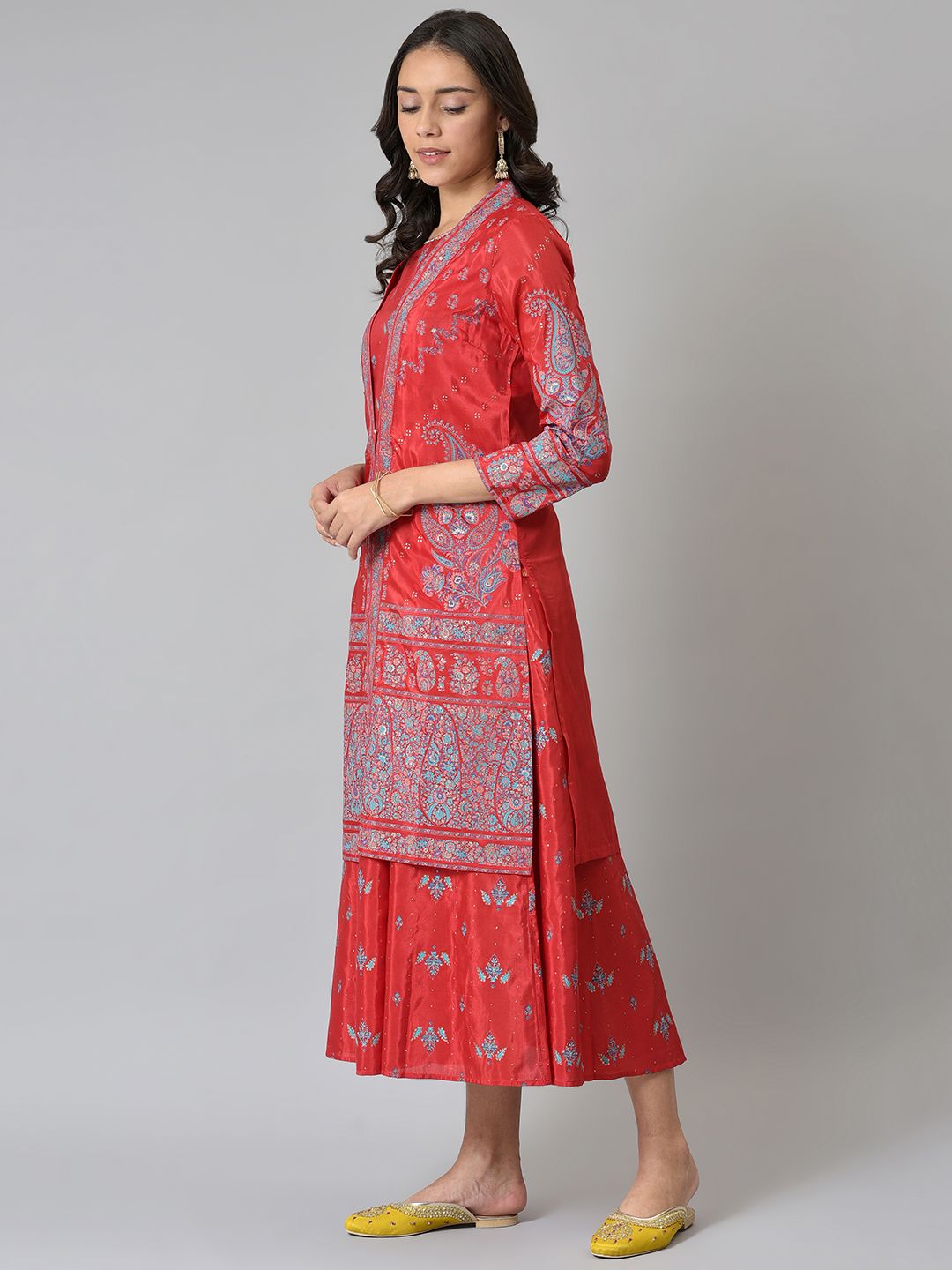 W Women Red & Blue Printed Layered Ethnic Midi Dress
