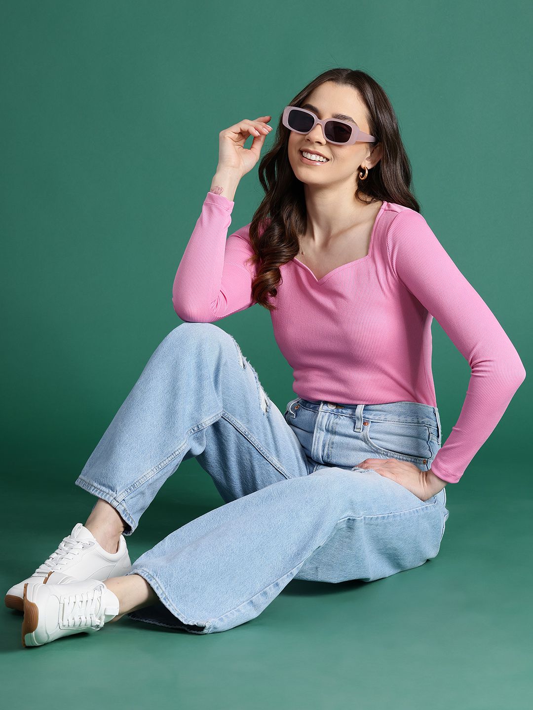 DressBerry Pink Self Design Sweetheart Neck Top