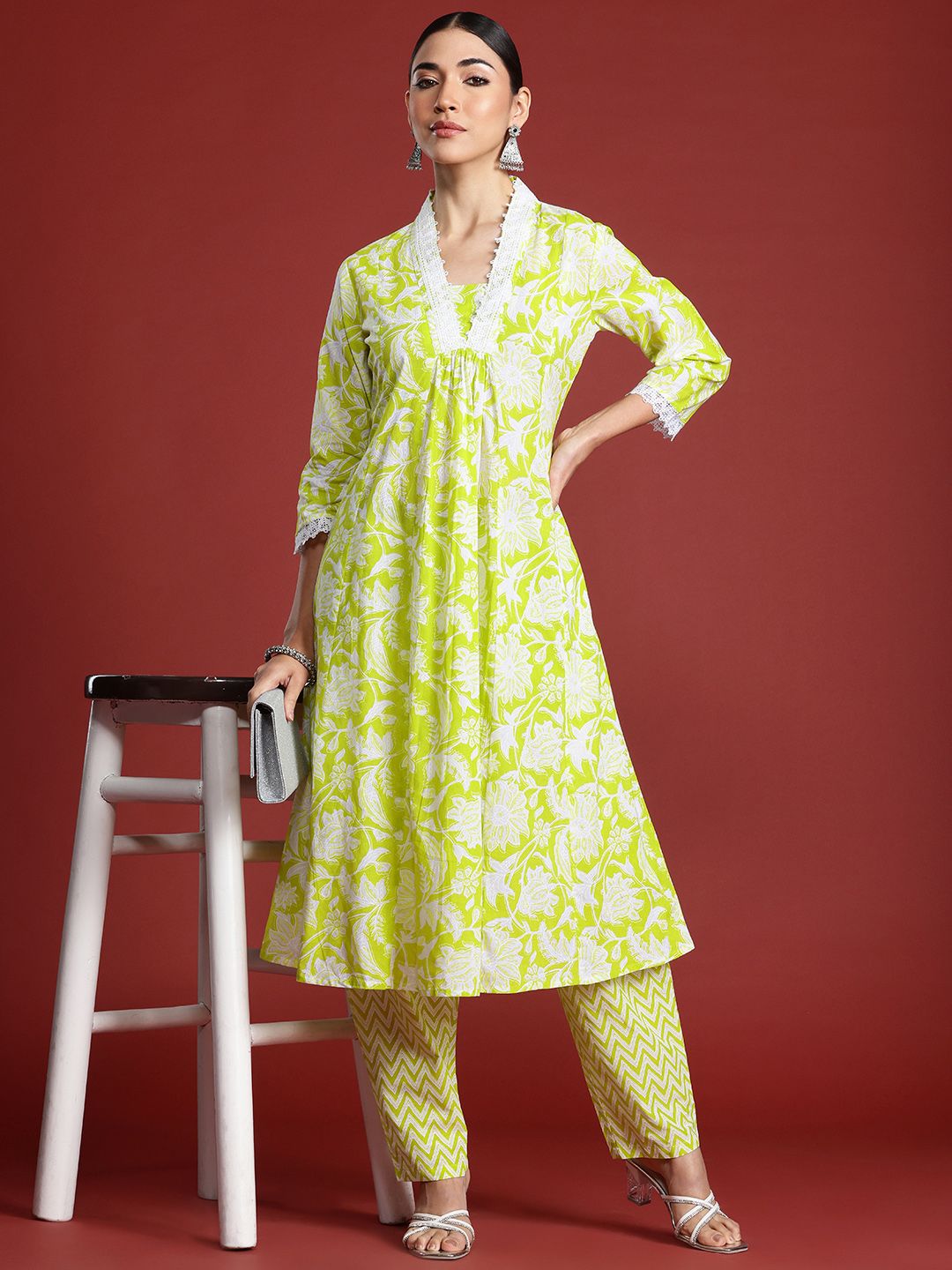 Indo Era Women Floral Printed Pleated Pure Cotton Kurta with Trousers