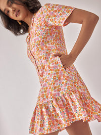 The Label Life Floral Printed Cuban Collar Gathered Drop-Waist Dress