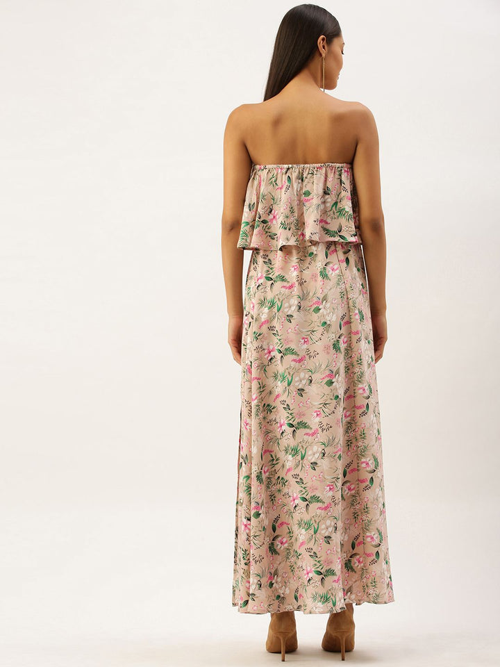 Berrylush Women Pink & Green Floral Printed Off-Shoulder Maxi Dress