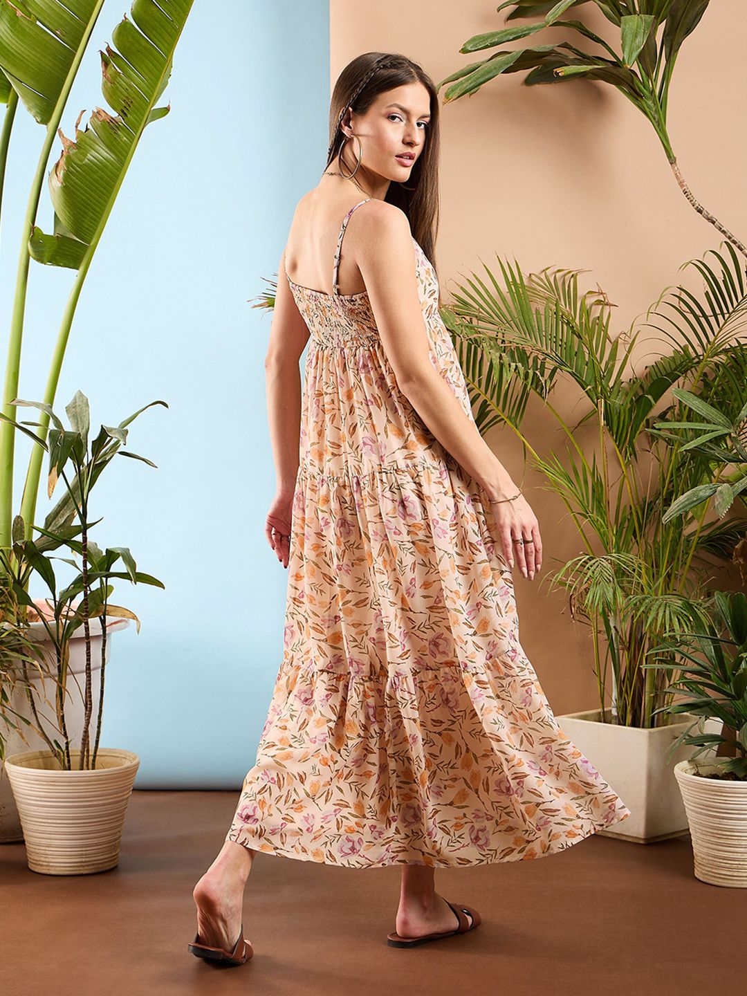 SASSAFRAS Floral Printed Shoulder Straps Georgette Tiered Maxi Dress