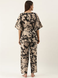SANSKRUTIHOMES Women Black & Beige Printed Cotton Night suit