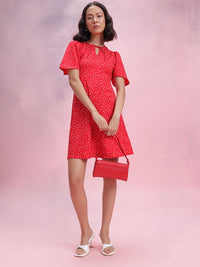DressBerry Printed Tie-Up Neck A-Line Dress