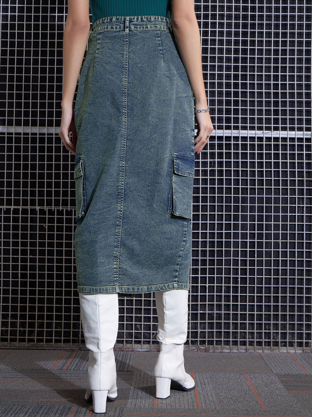 SASSAFRAS Green Washed Cargo Pencil Midi Denim Skirt