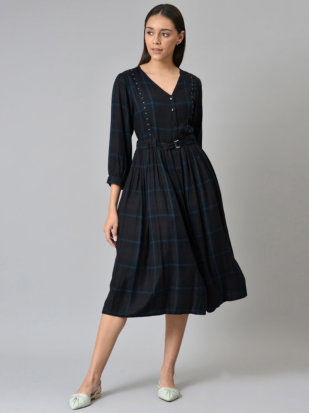 W Black Checked A-Line Midi Dress