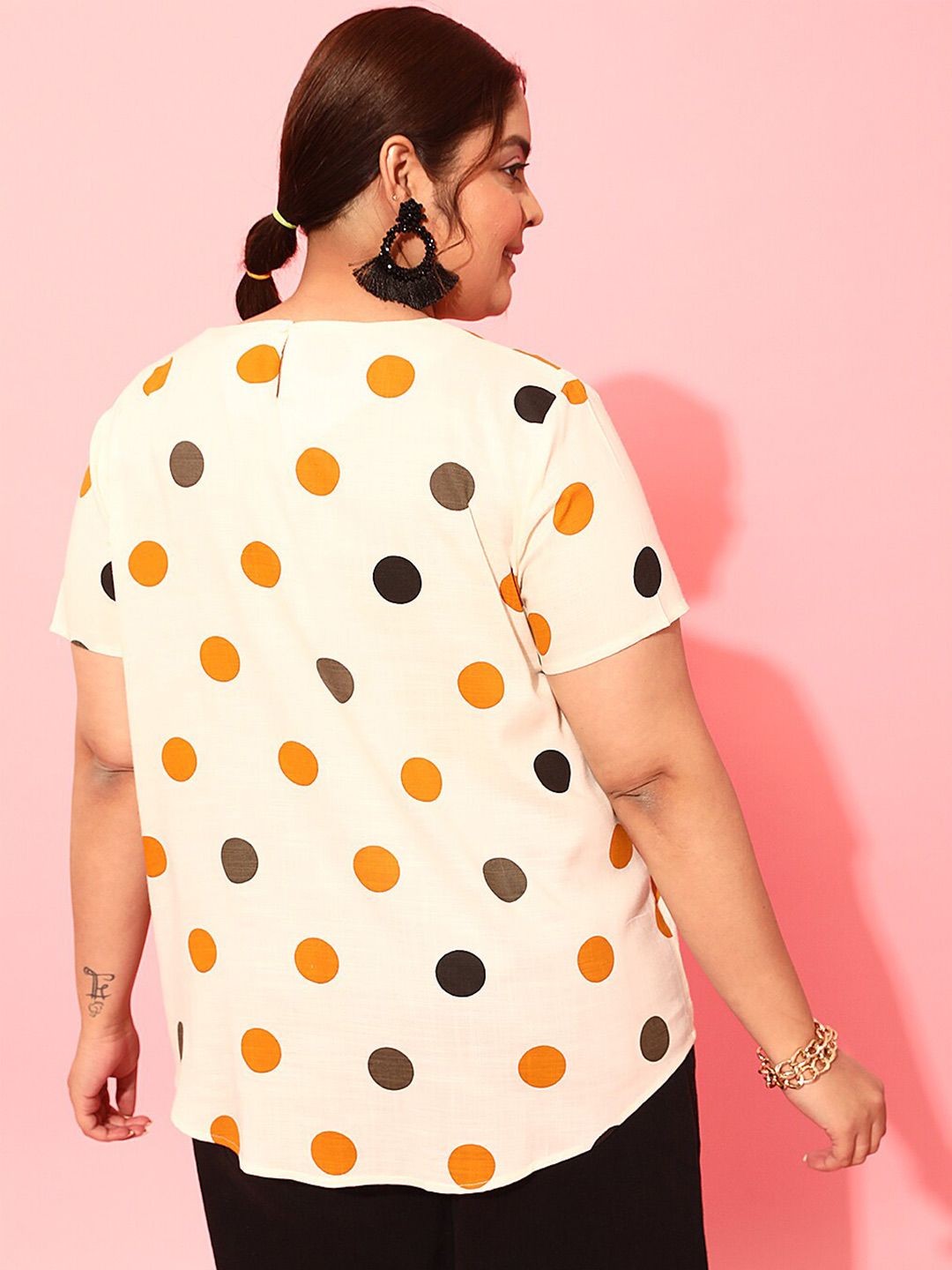 CURVY STREET Plus Size Polka Printed Round Neck Crepe Top