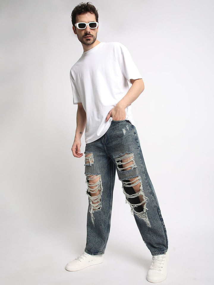 Bene Kleed Men Classic Baggy Fit Highly Distressed Heavy Fade Ripped Jeans