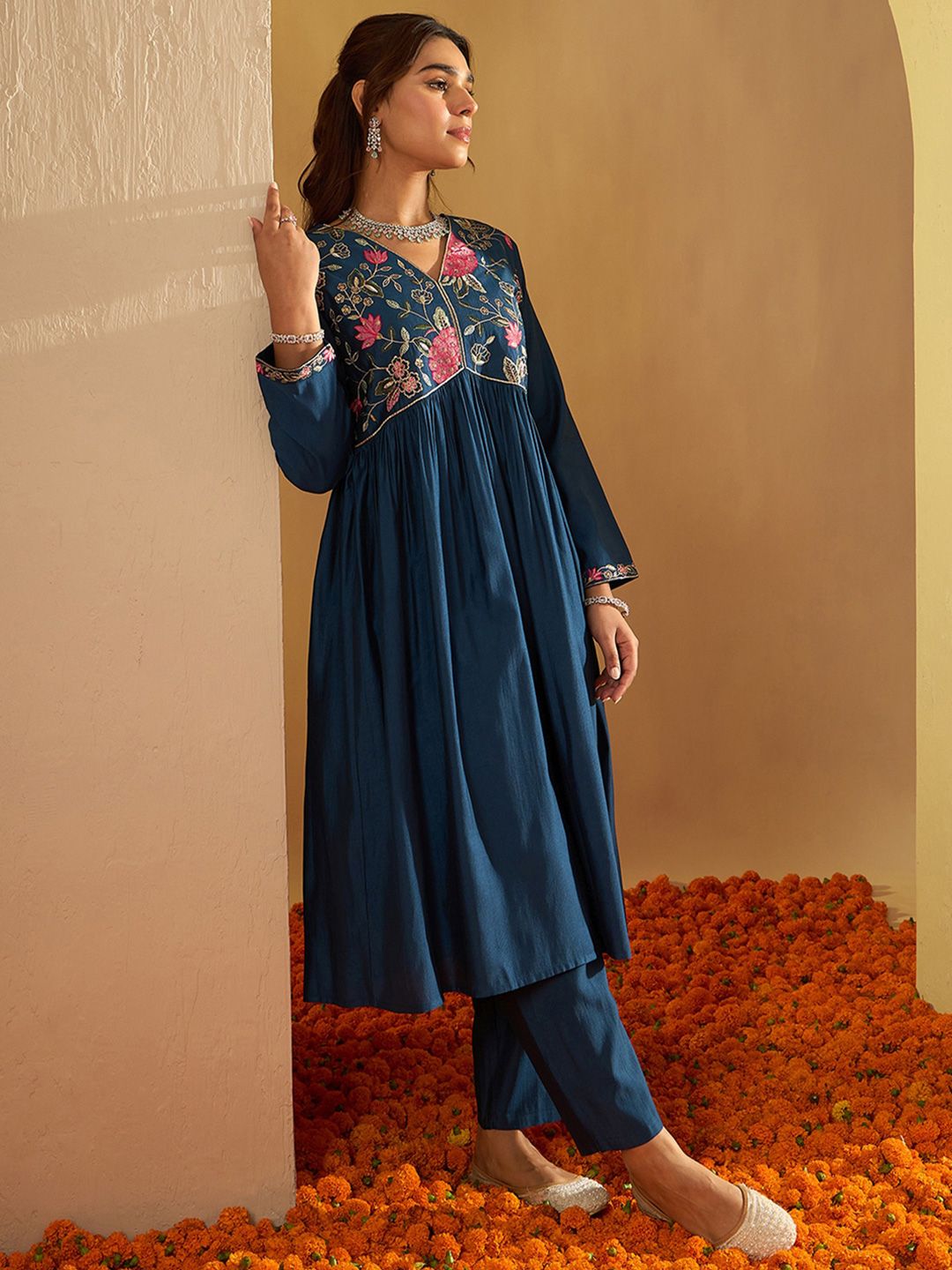 Indo Era Floral Yoke Design Empire A-Line Sequinned Liva Kurta with Trousers