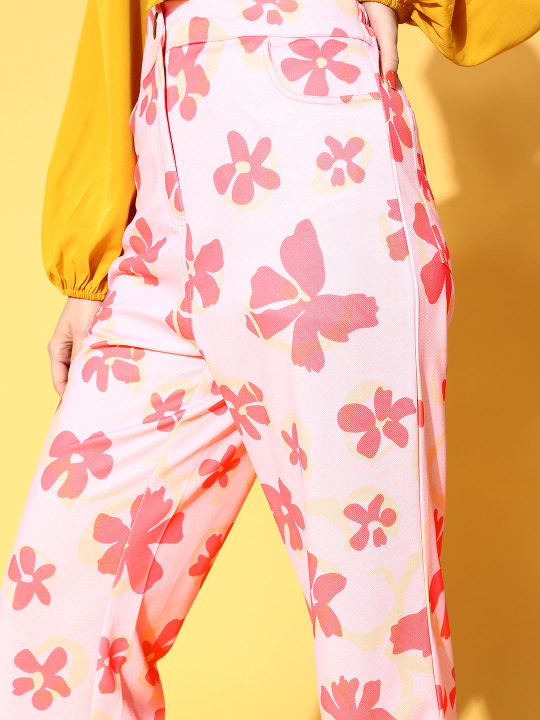 Athena Women Pretty Pink Floral Graduated Flared Trousers