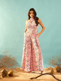 Berrylush Pink Abstract Printed Halter Neck Basic Jumpsuit